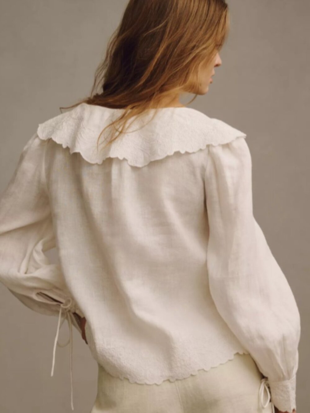NWOT - By Anthropologie Long-Sleeve Embroidered Linen Tie-Front Top - Picture 6 of 8